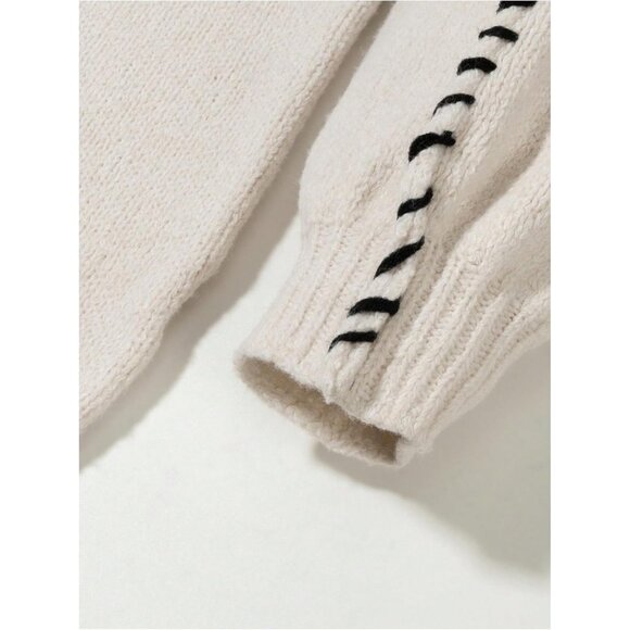 Women's Khaki Oversized Stitching Long Sleeve Crew Neck Baggy Knit Sweaters - Picture 4 of 5